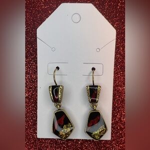 Chico’s Red Black Gold enamel Dark Gold Tone Dangle Earrings.